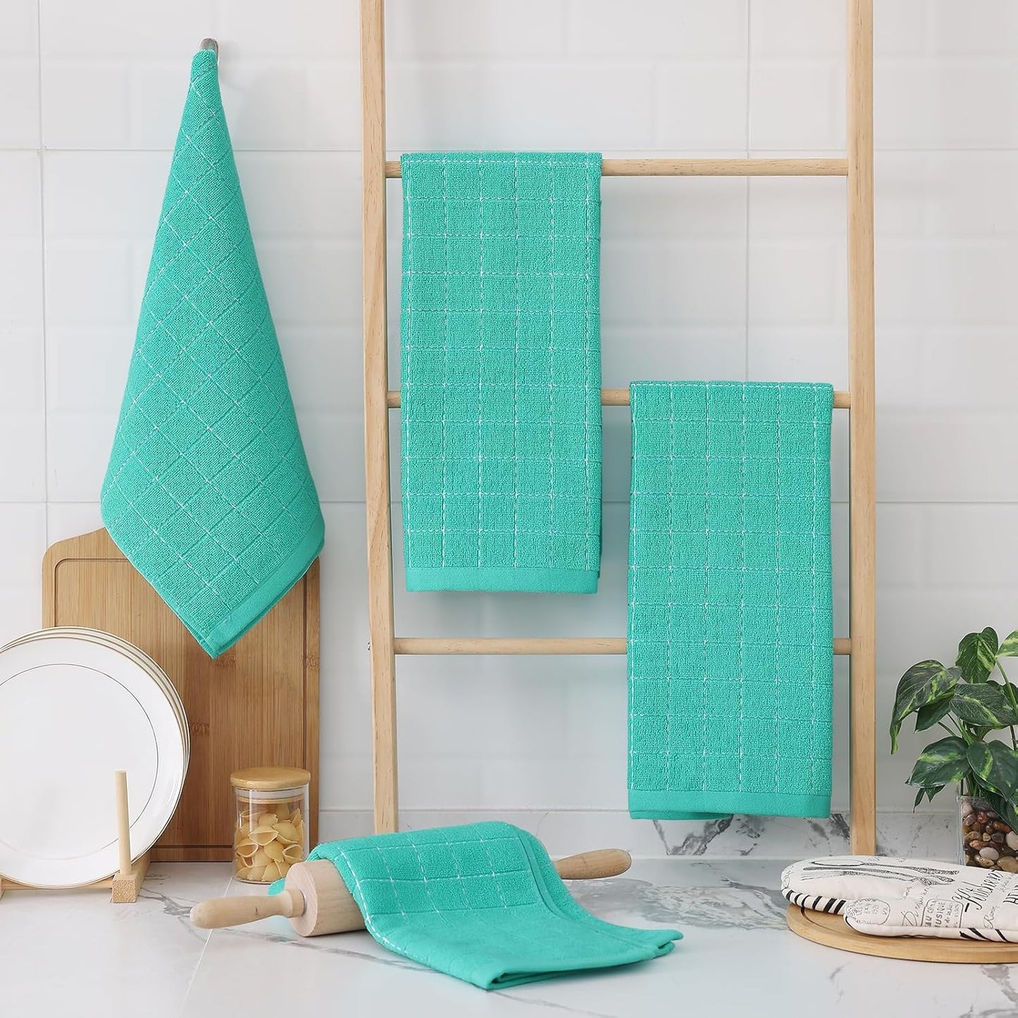 Homaxy 100% Cotton Terry Kitchen Towels(Turquoise, 13 x 28 inches), Checkered Designed, Soft and Super Absorbent Dish Towels, 8 Pack