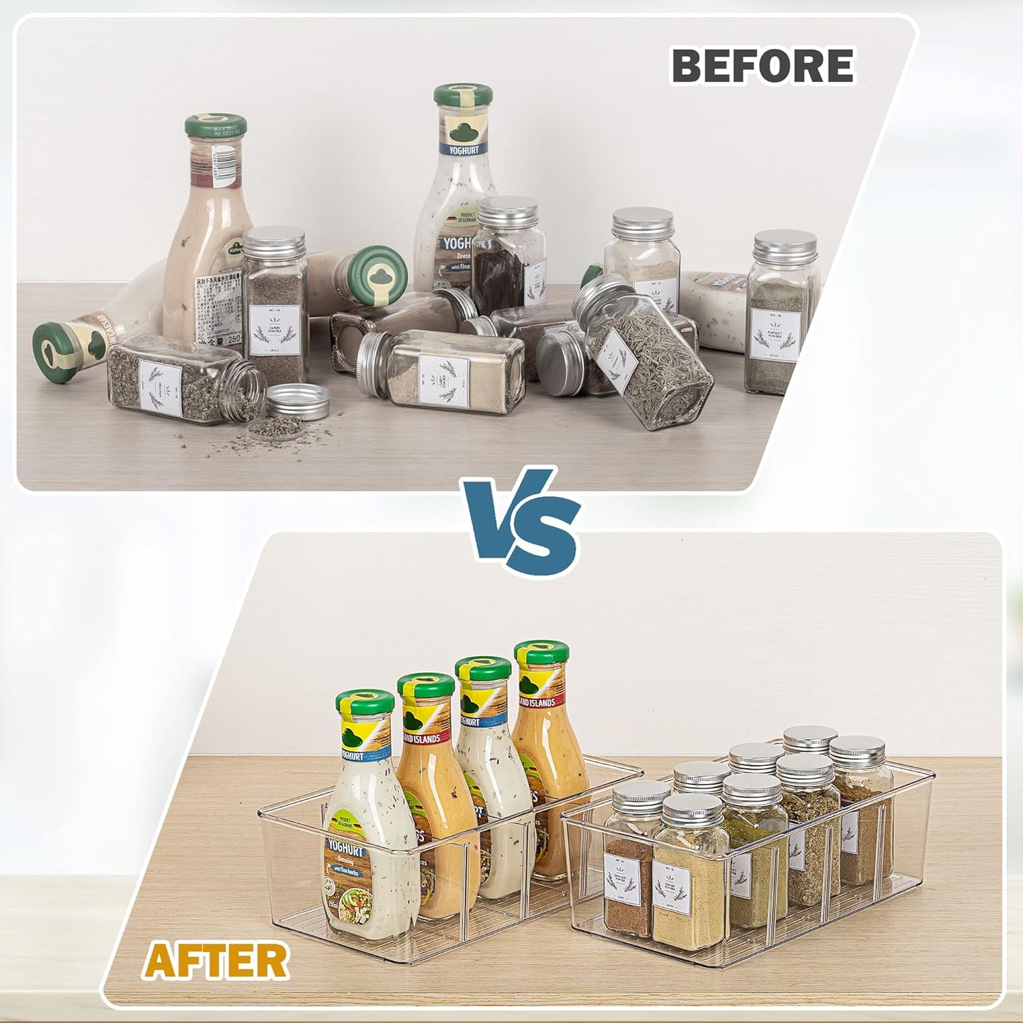 Vtopmart 6 Pack Food Storage Organizer Bins, Clear Plastic Bins for Pantry, Kitchen, Fridge, Cabinet Organization and Storage, 4 Compartment Holder Packets, Snacks, Pouches, Spice Packets