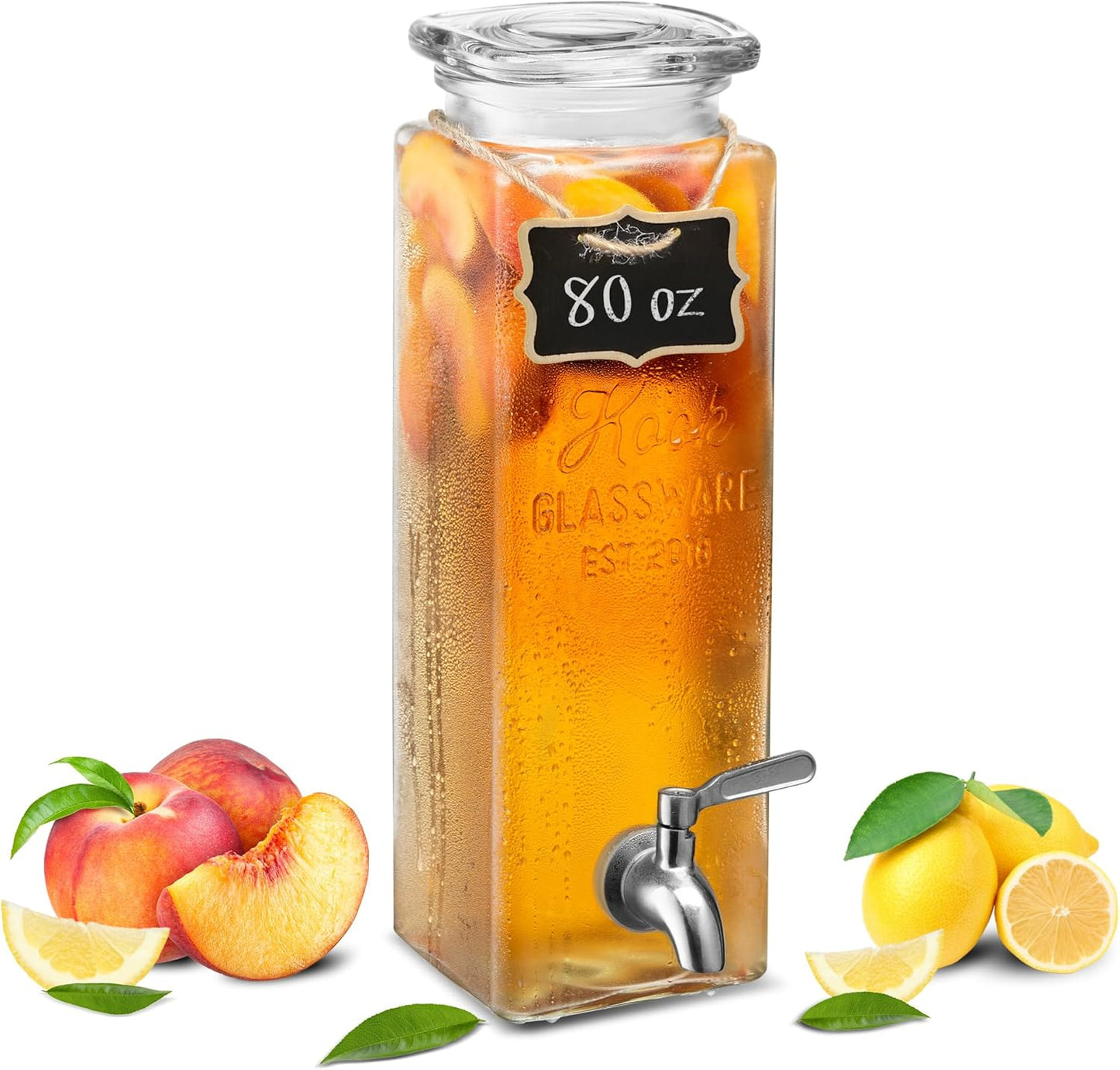 Kook Drink Dispenser, 80 oz, Water Dispenser Countertop, Glass Drink Dispenser, Beverage dispenser, with Leak-Proof Spigot, Clear Rectangular Jar, Storage for Party, Fridge, for Water, Iced Tea