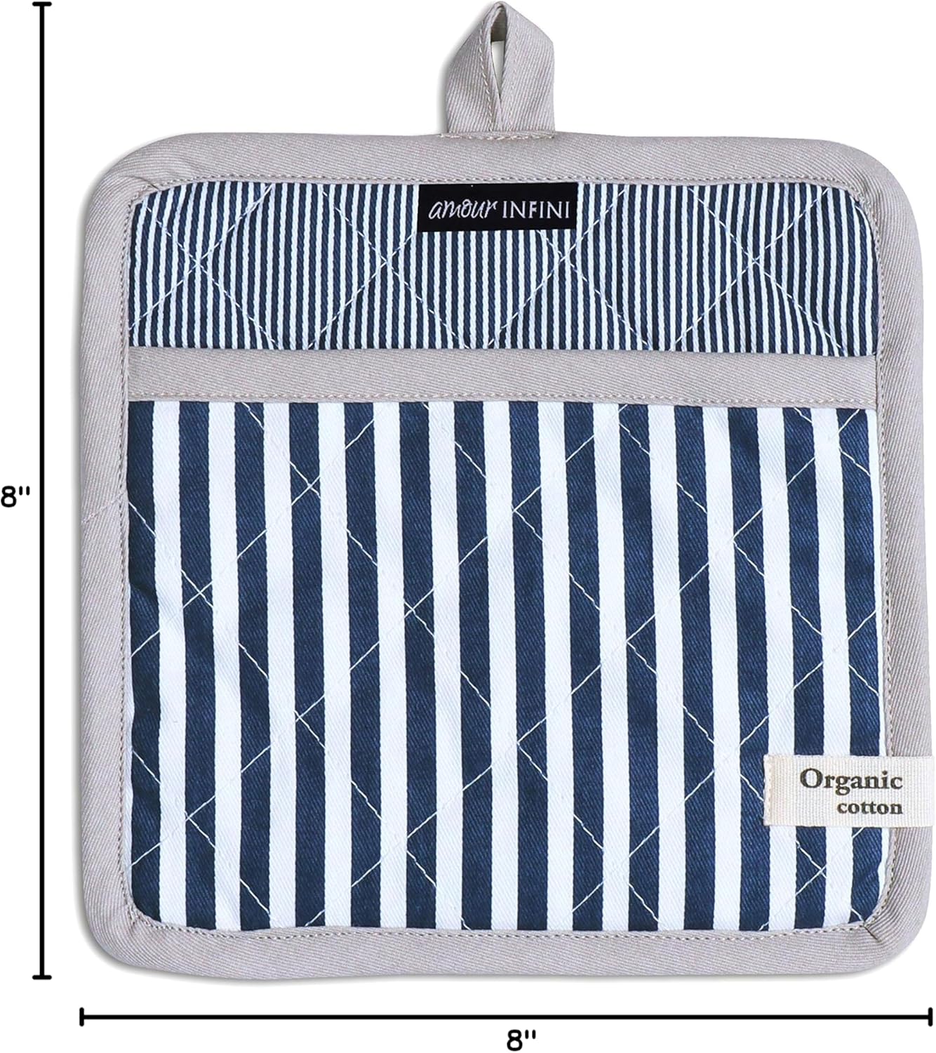 AMOUR INFINI Pot Holders Heat Resistant Cotton Set of 3 Nonslip 8"x8" Inch Hot Pads for Kitchen, BBQ, Baking & Cooking with Hanging Loops (Stripe Blue)