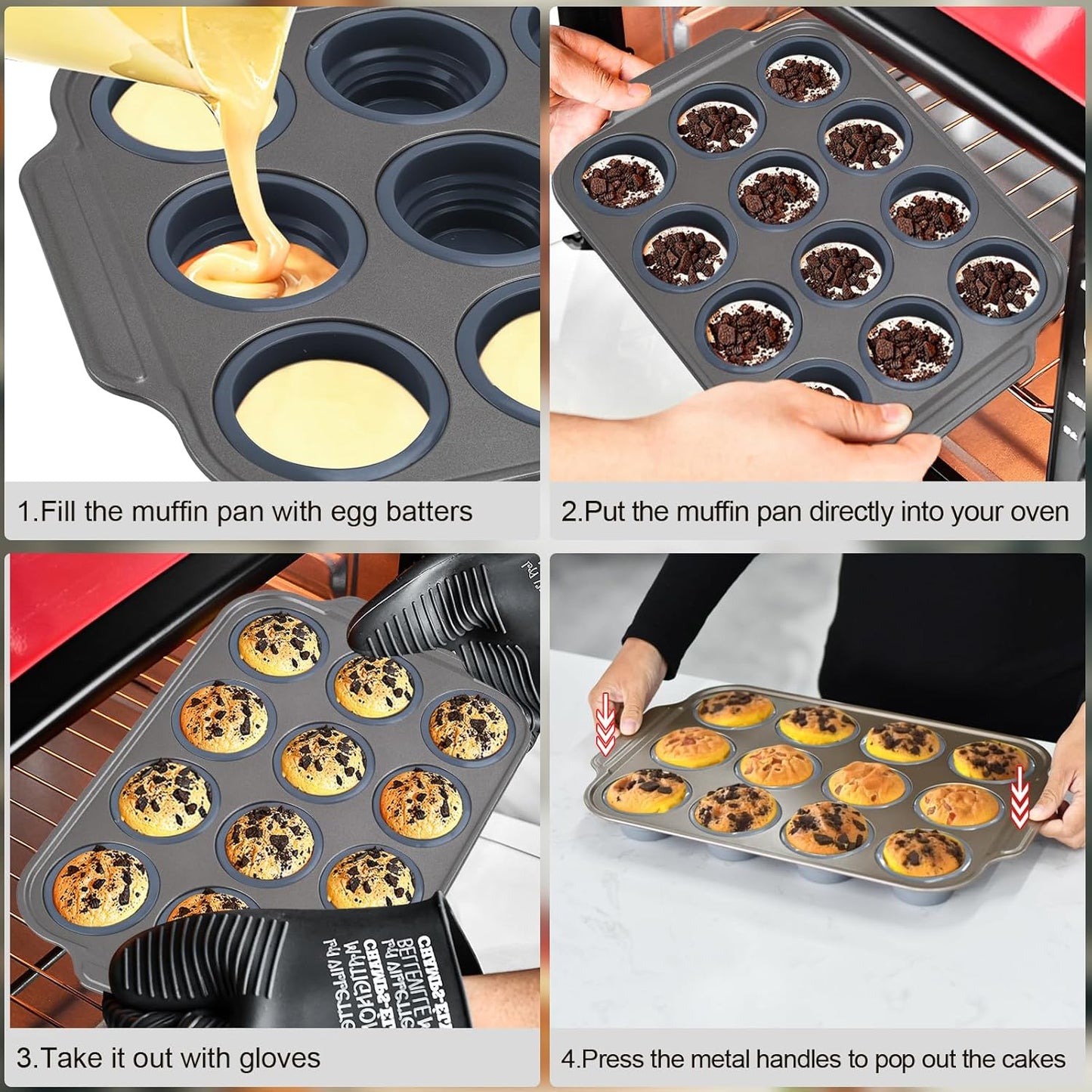 Silicone Muffin Pan, 12 Cups Cupcake Pans with Metal Frame Nonstick Muffin Tins Easy to Pop Out for Baking Cupcake Egg Bites BPA-free Cupcake Pan Mold (12 Cups Grey)