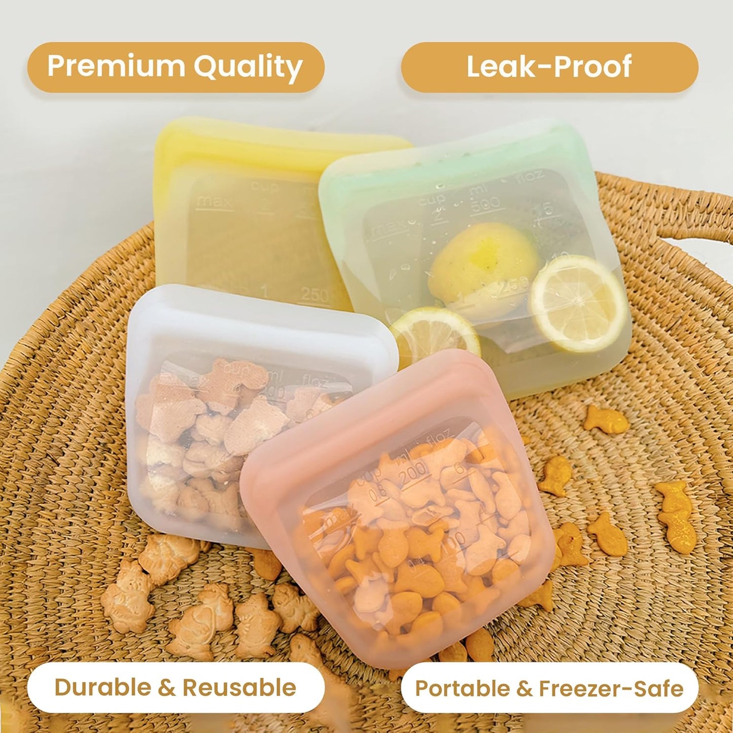 purifyou Set of 5 Reusable Silicone Storage Snack Bags 6oz / 16oz / 32oz / 64oz Self-Seal Food Storage Container for Fruits, Vegetables, Sandwiches, Dishwasher Safe & Leak-free (LimeCream, 646oz)