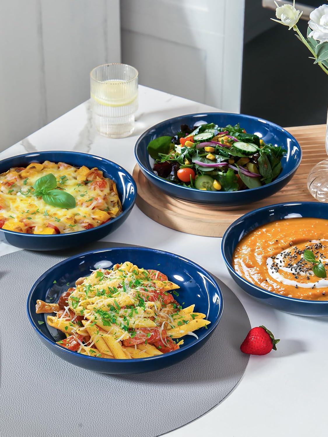 Y YHY 8.5" Vivid Blue Pasta, Salad & Soup Serving Bowls Set of 4, 32oz Large Ceramic, Microwave, Oven & Dishwasher Safe, Sturdy Porcelain Perfect for Daily Dining, Family Gatherings, Parties
