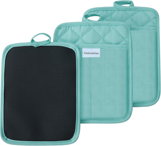 Kitchen Pot Holders, 7"x9", Rectangular with Pocket, Cotton and Neoprene Heat-Resistant Potholders for Cooking and Baking, Machine Washable, 3-Piece Set (Sky Blue)