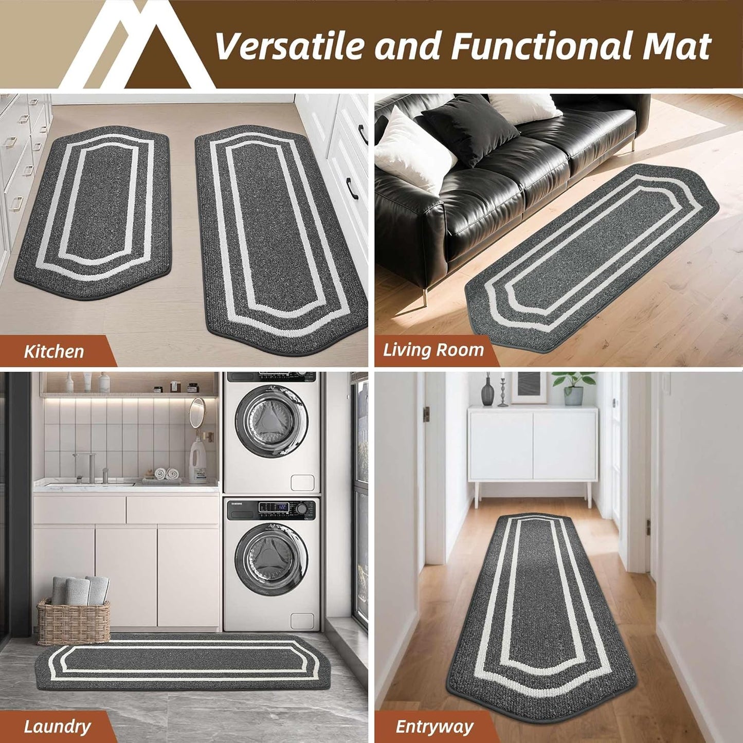 COSY HOMEER Long Kitchen Floor Mats for in Front of Sink Super Absorbent Kitchen Rugs and Mats 24"x48"+24"x59"Non-Skid Kitchen Mat Standing Mat Washable,Polypropylene,Dark Grey,Frame