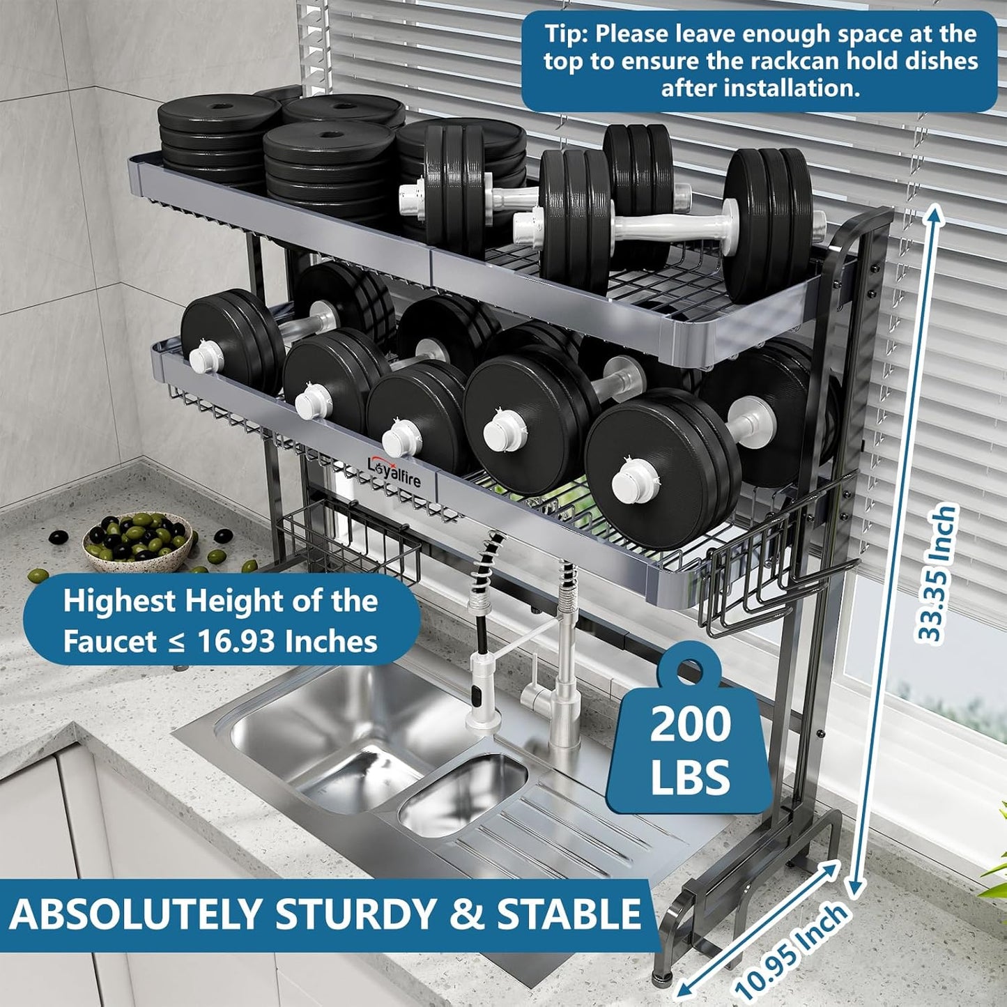 Over Sink Dish Drying Rack, 3 Tier Adjustable Length (20.87'' to 37.6'') Stainless Steel Large Storage Kitchen Dish Rack, Expandable Drainer Shelf Rack with Multifunctional Organizers