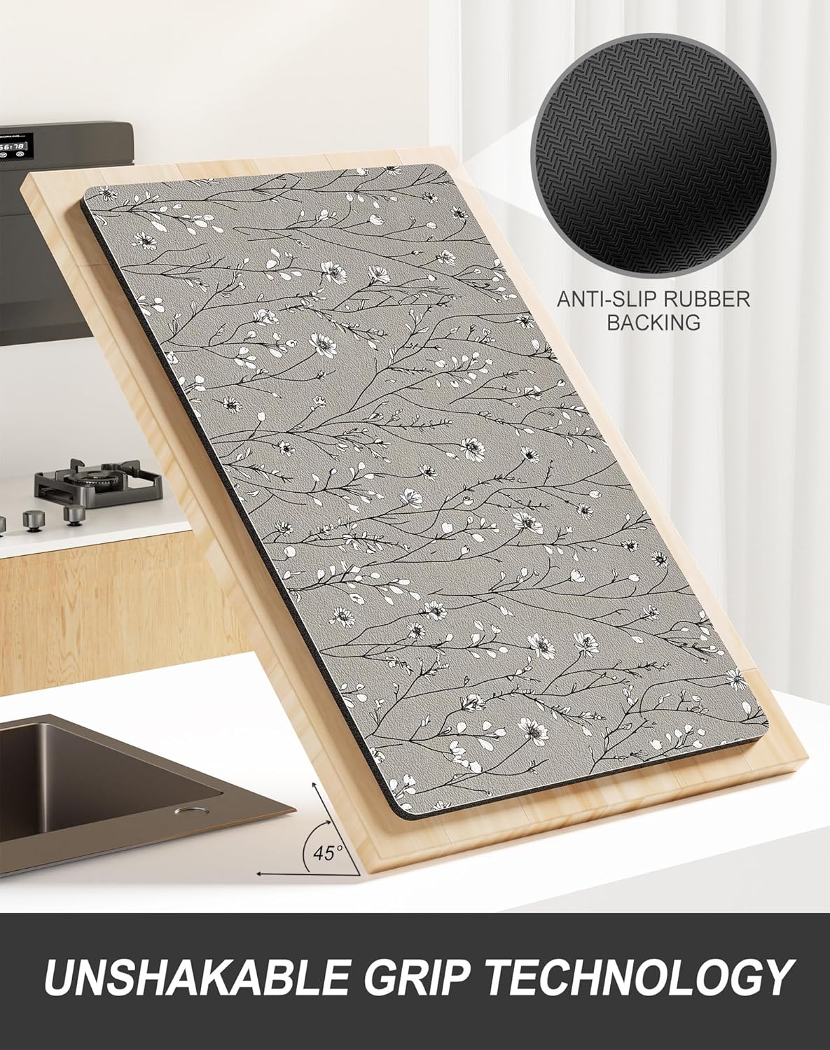 Rnivvi Dish Drying Mat for Kitchen Counter, 12 x 19" Cute Flower Theme Super Absorbent Draining Pad, Non-Slip Heat Resistant Coffee Bar Mats for Coffee Machine Station Accessories, Grey Dish Rack Pad