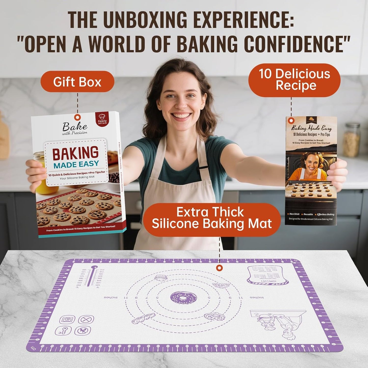 Silicone Pastry Mat with 10 Useful Recipes, Silicone Mat for Baking, Dough Rolling for Bread, Cookie, Macaron, Pizza, Surdough, Pastry Non Stick Silicone Mat for Counter