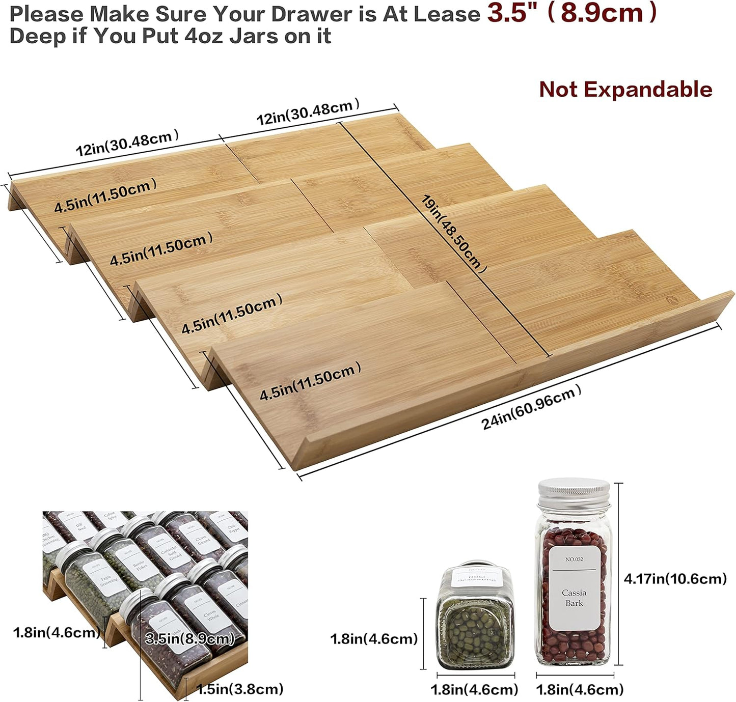 Bamboo Spice Rack Drawer Organizer - 8 Piece Set - 12" Wide, Combine Into 24" Rack (12" or 24")