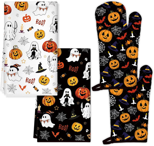 Halloween Pumpkin Kitchen Towels and Oven Mitts Set 4Pcs, Soft Absorbent Dish Cloth Heat Resistant Oven Gloves for Cooking Baking Kitchen Decoration, Gifts for Her