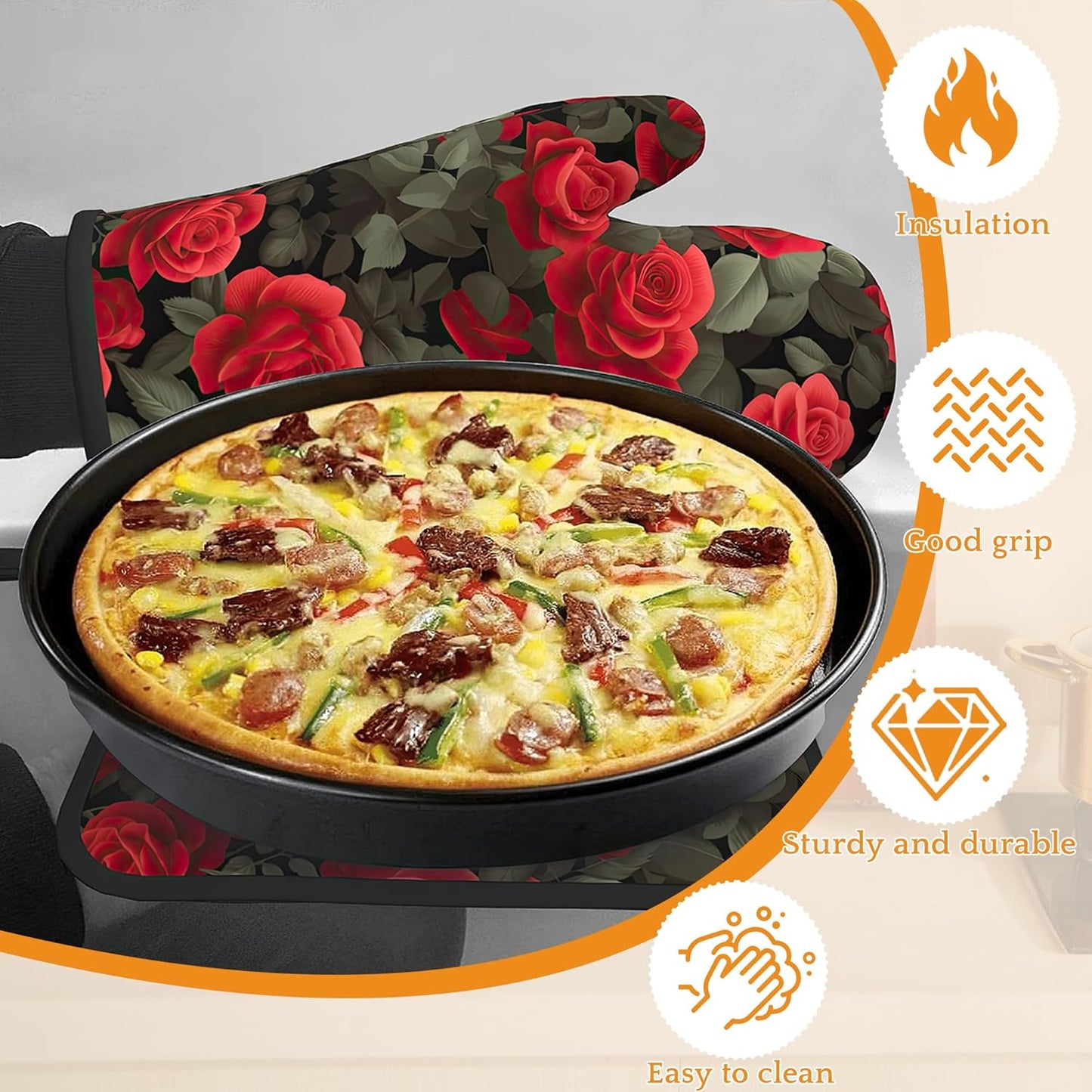 Red Rose Oven Mitts and Pot Holders Set,Kitchen Oven Gloves and Pot Holder with Heat Resistant Non Slip for Cooking Baking Grilling(4 Piece Set)