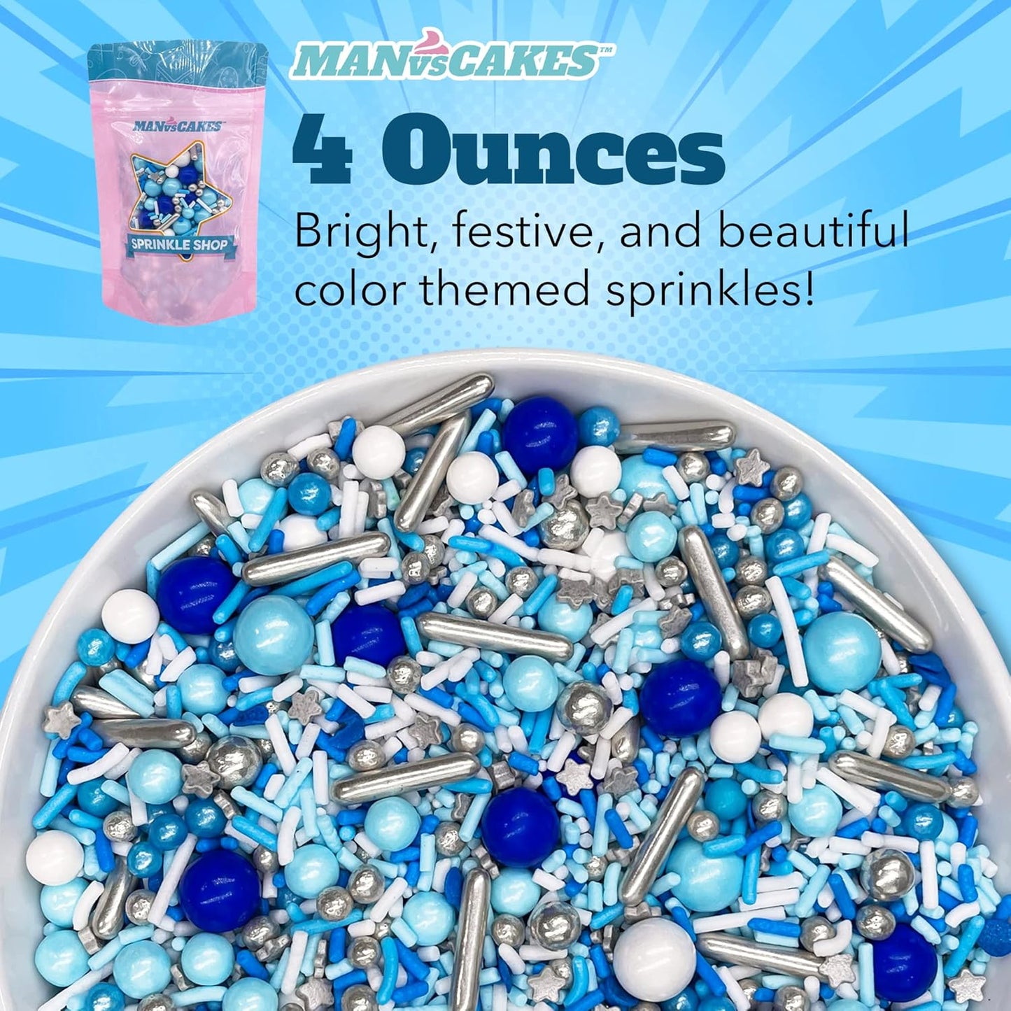 Manvscakes Sprinkles- Edible Cake and Cupcake Sprinkles with Assorted Shapes and Sizes for Parties, Metallic Sprinkle Mix for Cookies, Ice Cream, Cake and Cupcake Decorating, 4 oz, Blue sprinkles