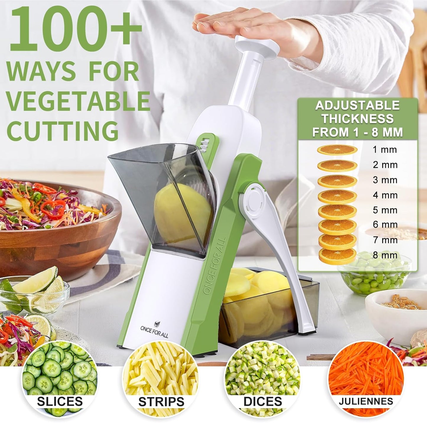 ONCE FOR ALL Safe Mandoline Slicer, Multi Vegetable Chopper, Potato Slicer for Kitchen, 4 Modes 100+ Presets Adjustable Thickness, French Fry Cutter (5 in 1 Green)