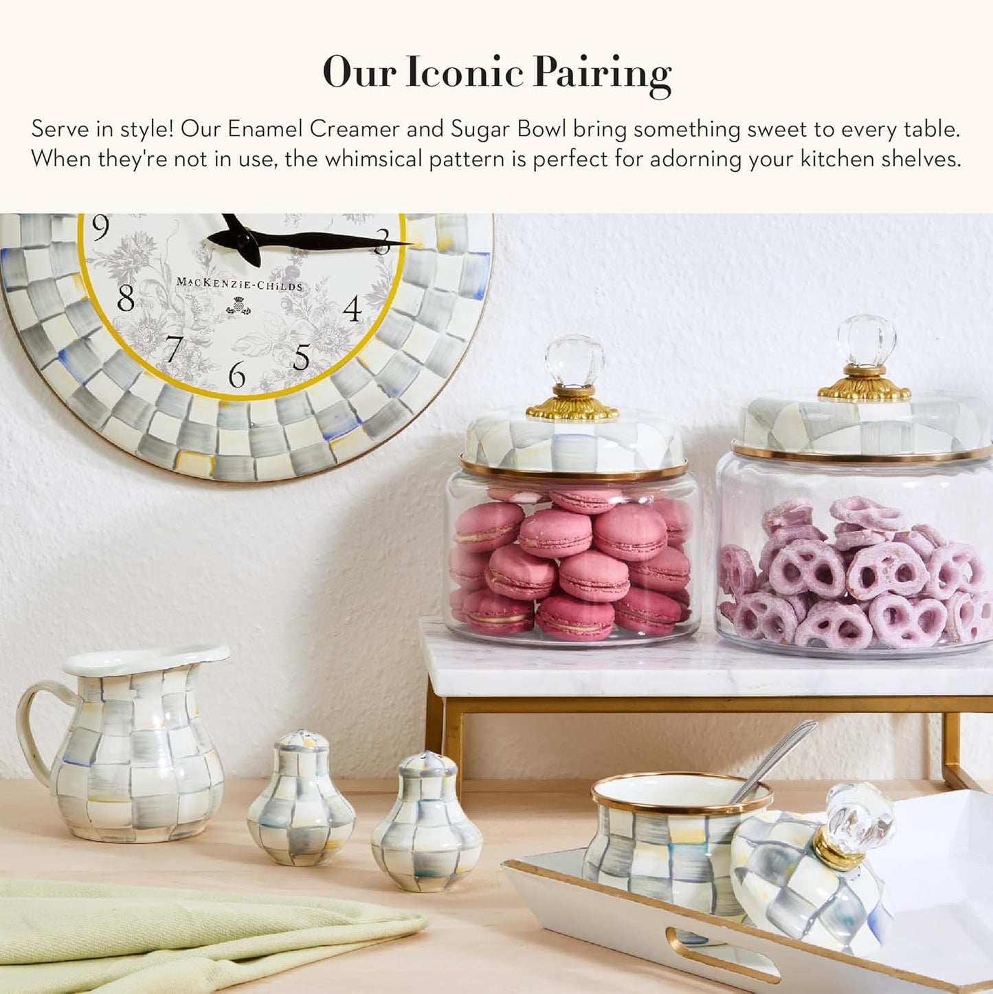 MACKENZIE-CHILDS Enamel Creamer and Sugar-Bowl Set, Cream Dispenser and Sugar Holder, Unique Kitchen Decor, Gray-and-White Sterling Check
