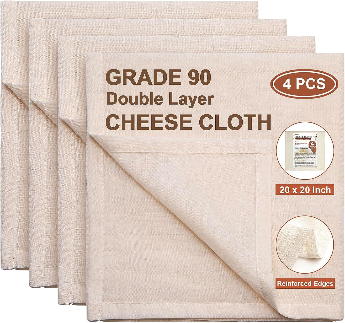 eFond Cheese Cloths | 4-Pack Double Layers, 20x20Inch Squares with Hemmed Edges | Grade 90 Reusable Cheesecloth for Straining | Unbleached Cotton Muslin Cloths | For Nut Milk, Butter, Baking & Cooking
