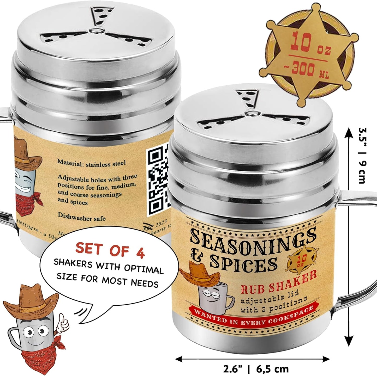 CUSINIUM [Pack of 4] 10 oz Seasonings Spice Shakers - BBQ Dry Rub Shakers - Cooking Dredge with Adjustable Fan-Style Lid and Handles