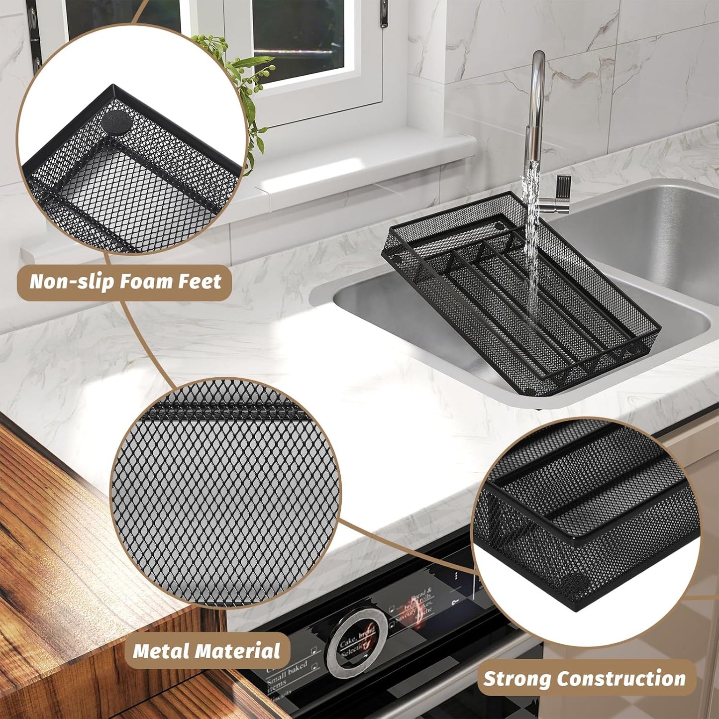 Silverware Organizer Metal Mesh, Small Drawer Organizer, Utensil Cutlery Tray for kitchen drawers, Flatware Organizer with 5 Compartment, Black(9.3"*12.6")