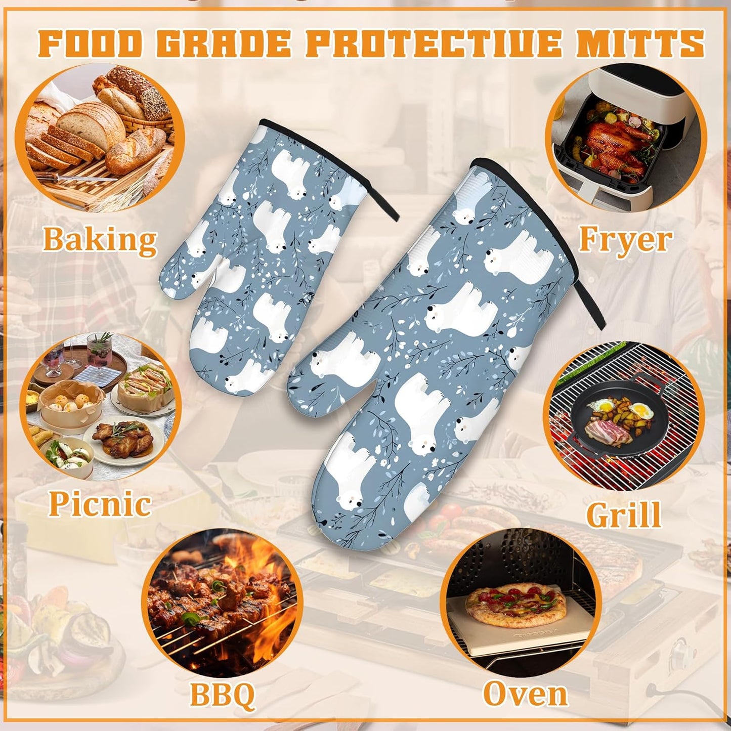 Cute Polar Bear Oven Mitts and Pot Holders,Winter Heat Resistant Oven Mitts Gloves and Pot Holder for Home Kitchen Decorations Cooking Baking BBQ Gifts,Set of 4