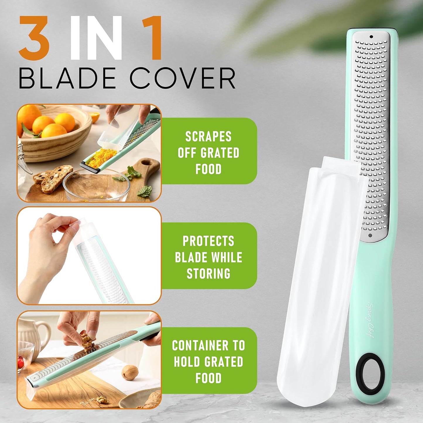 Spring Chef Premium Lemon Zester Grater with Handle - Fruit, Garlic, Lime, Orange, Nutmeg, Garlic Grater - Heavy Duty Kitchen Tool - Stainless Steel Citrus Zester with Blade Cover - Fine Shred, Mint