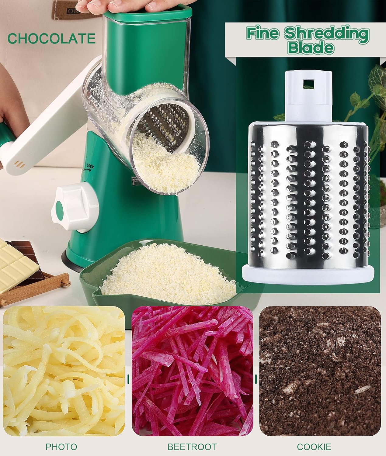 Ourokhome Rotary Cheese Grater Hand Crank, Kitchen Shredder Speed Mandolin Slicer Nut Grinder with Handle and Drum Blades for Cheese, Vegetable, Walnut, Chocolate, Potato, Carrot, 3 Blades, Emerald