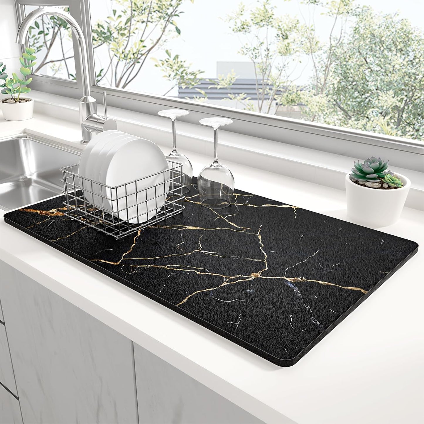 Rnivvi Dish Drying Mat for Kitchen Counter, XL 15 x 24" Cute Marble Absorbent Draining Pad, Non-Slip Heat Resistant Coffee Bar Mats for Coffee Machine Station Accessories, Black Gold Dish Rack Pad