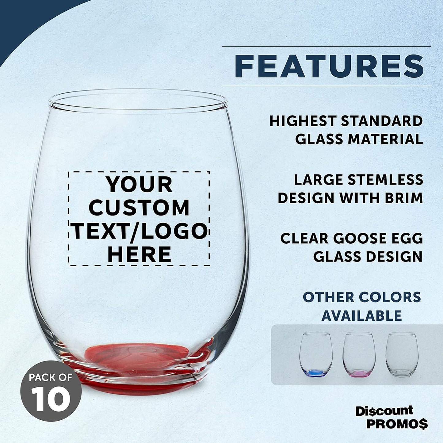 Custom Stemless Wine Glasses in Bulk by ARC Perfection, 15 oz, 10 pack, Personalized Text, Logo, Red or White Wine Glass Set, Red