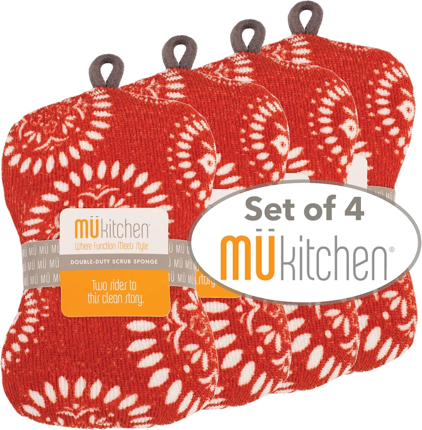 MÜkitchen Premuim Sponge for Dishes and Household Cleaning | Microfiber Print and Non-Scratch Scrub Pad | Set of 4 | (Medallion Red)