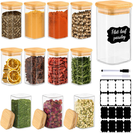 12 Pack 8 oz Square Glass Spice Jars with Lids and Labels – Airtight Small Spice Containers Set, Clear Glass Storage Jars for Seasoning, Spices, Kitchen Pantry Organization