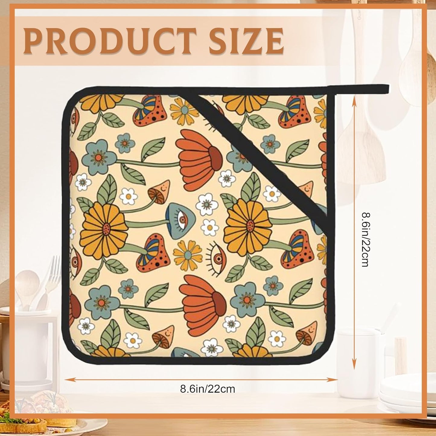 Mushroom Retro Psychedelic Floral Pot Holders Set of 2 Heat Resistant Potholders,Fire Oven Hot Pads for Kitchen Cooking Baking Barbecue