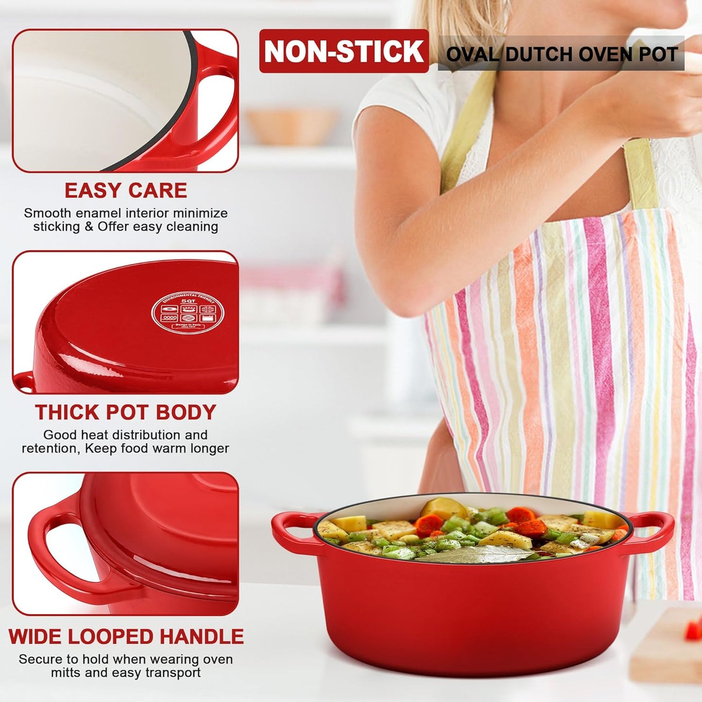 E-far 5QT Oval Dutch Oven Pot with Lid, Enameled Cast Iron Dutch Oven with Dual Handles for Sourdough Bread Baking Cooking, Nonstick Enamel Coated Cookware(Red), Non-Toxic & Easy Clean