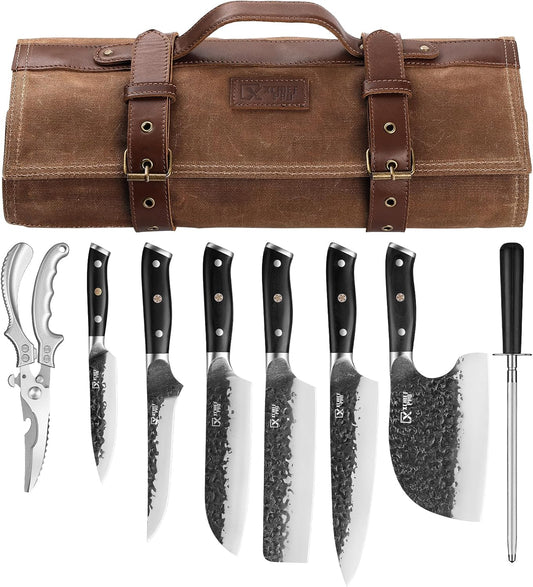 Chef Knife Set, Hand Forged Meat Boning Carving Cleaver Butcher Knife, High Carbon Steel Japan Nakiri Santoku Knife Set with Accessories for Kitchen, BBQ Camping Knives Set with Bag