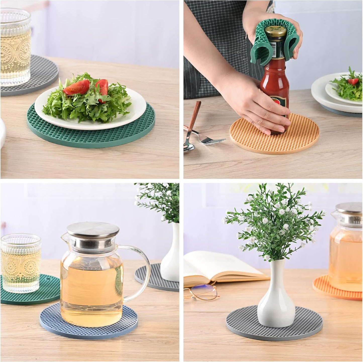 Trivets for Hot Dishes, Siicone Trivet Mat Hot Pads for Kitchen Tabletop, Round Silicone Pot Holders Mat, Trivets for Pots and Pans, Trivet for Quartz Countertops Mats Set 4 Light Gray