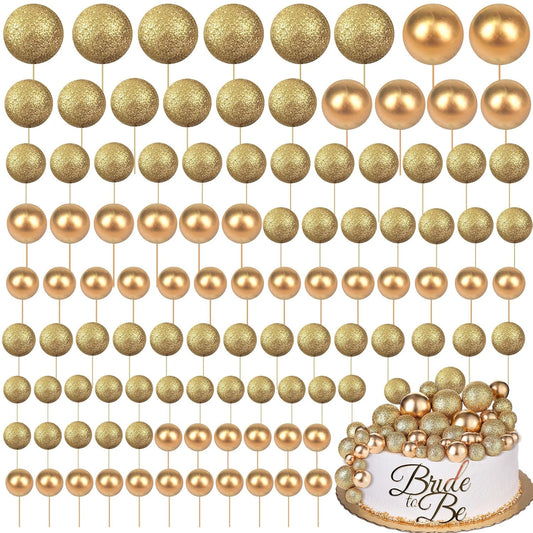 108 Pcs Balls Cake Topper DIY Cupcake Insert Foam Balloons for Cake Baking Wedding Anniversary Birthday Decoration(Glitter Gold, Gold,Multi Sizes)