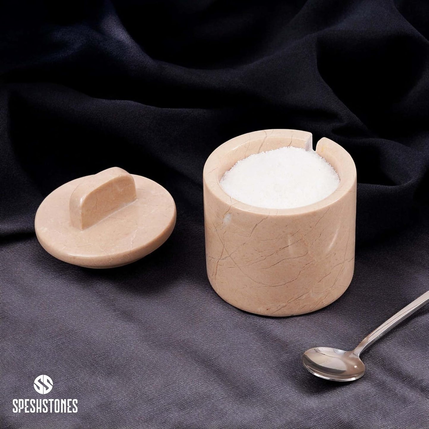 Marble Salt Cellar with Lid and Spoon 4 Inch Verona Handmade Spice Jars for Kitchen Storage - Flaky Salt Holder, Decorative Sugar Bowl & Small Seasoning Containers for Countertop Decor