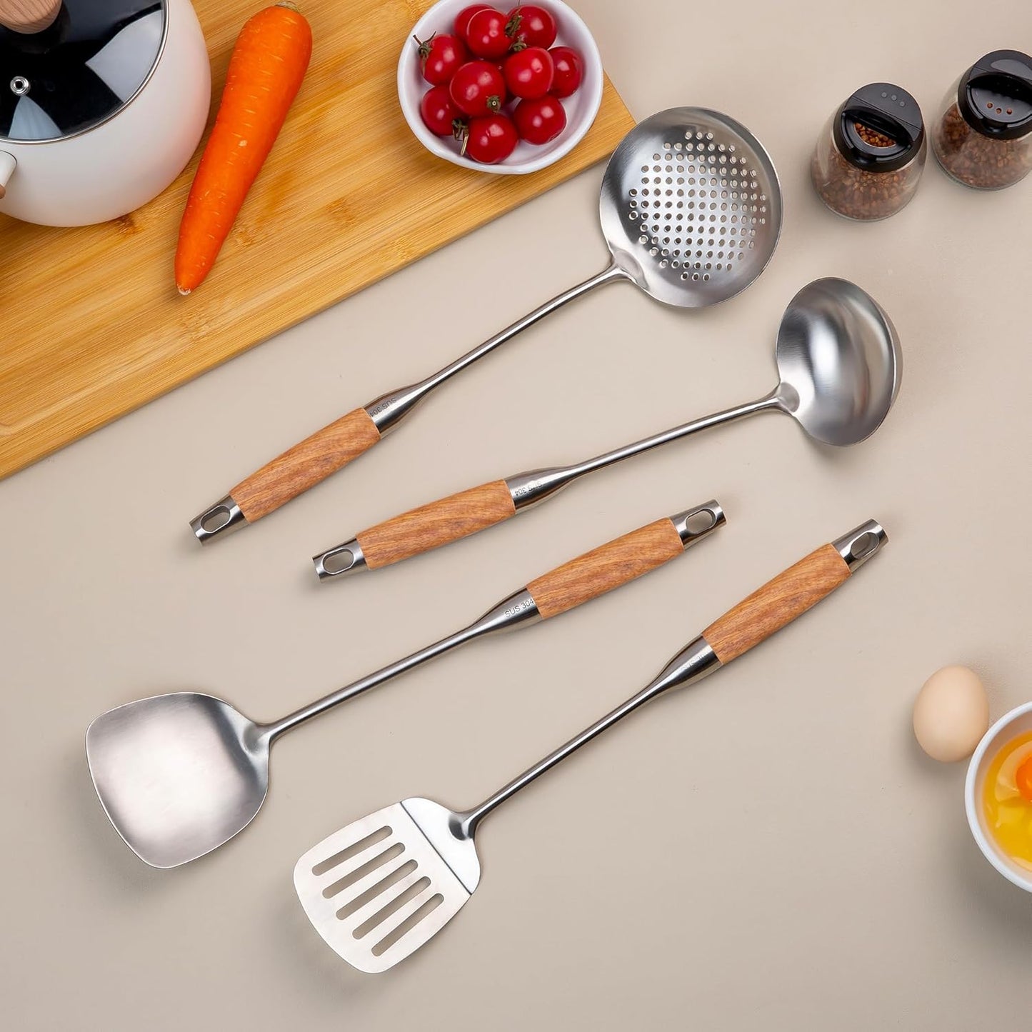 FJNATINH Wok Utensils for Carbon Steel, Stainless Steel Wok Spatula Metal Set, 6-Pieces 13-15 Inch Extra Long, Wok Tools Professional Set, Wooden Handle Skimmer, Soup Ladle, Slotted Turner