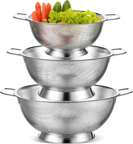 Bokon 3 Pcs Stainless Steel Colander Set Colander Bowl and Sieves 1/3/5 Quart Metal Mesh Strainer Net Basket with Handles Food Spaghetti Strainer for Kitchen Draining Pasta Rinsing(Silver)