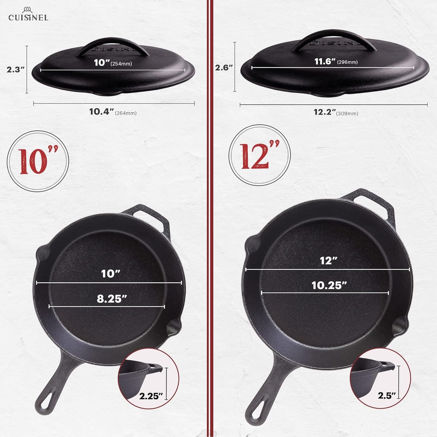 Cast Iron Skillet Set with Lids - 10"+12"-inch Pre-Seasoned Covered Frying Pan Set + Silicone Handle and Lid Holders + Scraper/Cleaner - Use Indoor/Outdoor, Oven, Stovetop, Fire, BBQ Kitchen Cookware