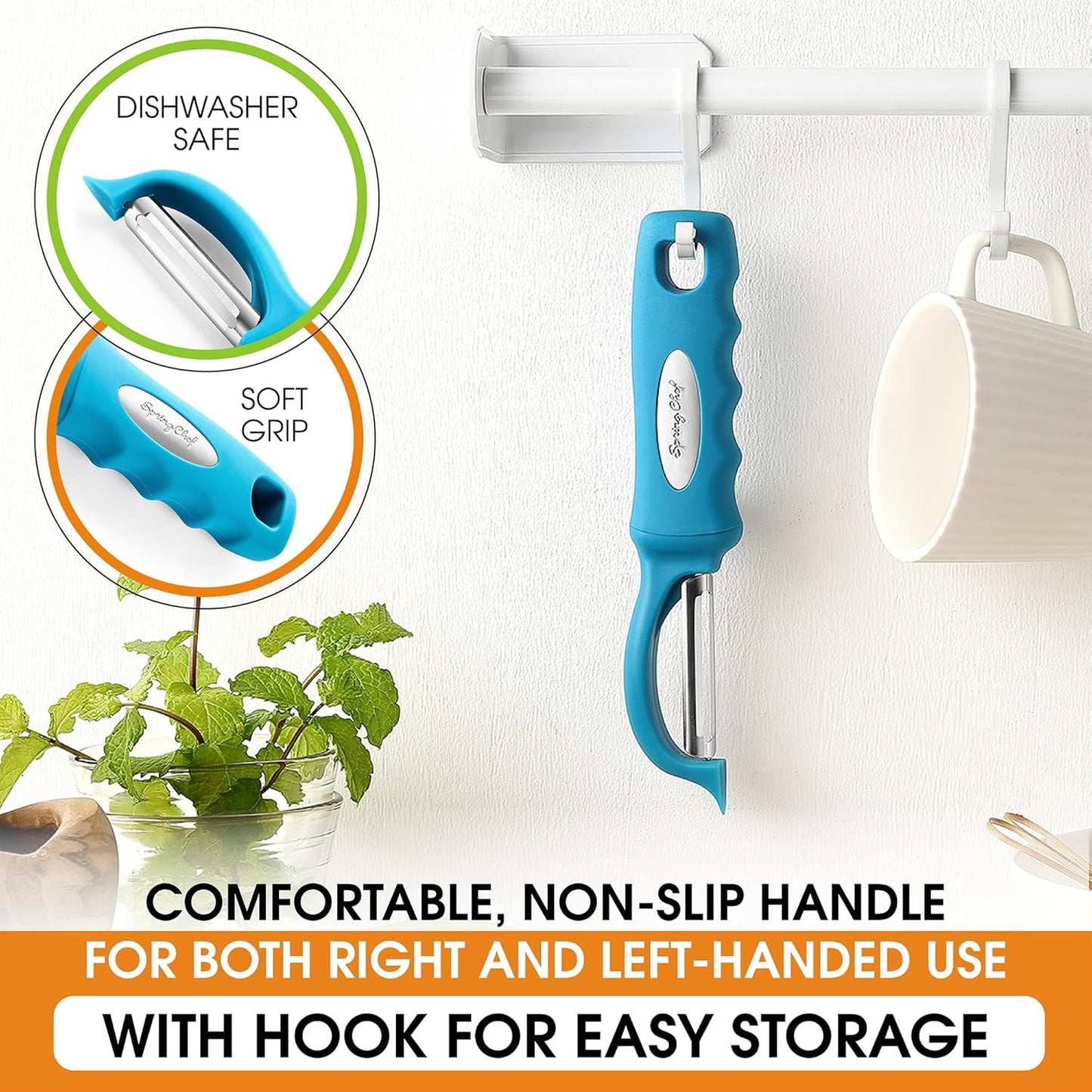 Spring Chef Premium Swivel Vegetable Peeler, Comfortable Handle and Ultra Sharp Stainless Steel Blades - Perfect Kitchen Peeler For Veggie, Fruit, Potato, Carrot, Apple - Teal