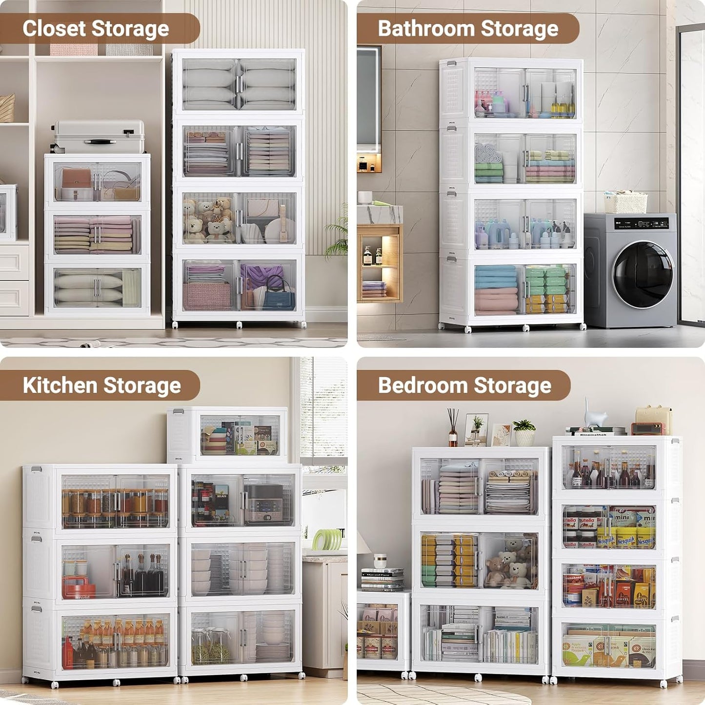 55" H 116Gal Plastic Storage Bins with Lid & Wheels,4Pack Large Stackable Storage Bins with Doors,Closet Organizers and Storage Cabinet Shelves Collapsible Box for Home Kitchen,White