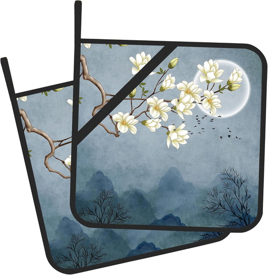 Pot Holder Set of 2,Moon Blossom Japanese Style Kitchen Heat Resistant Potholder for BBQ Cooking Baking,Food Hot Pat for Women Men Kitchen Wear