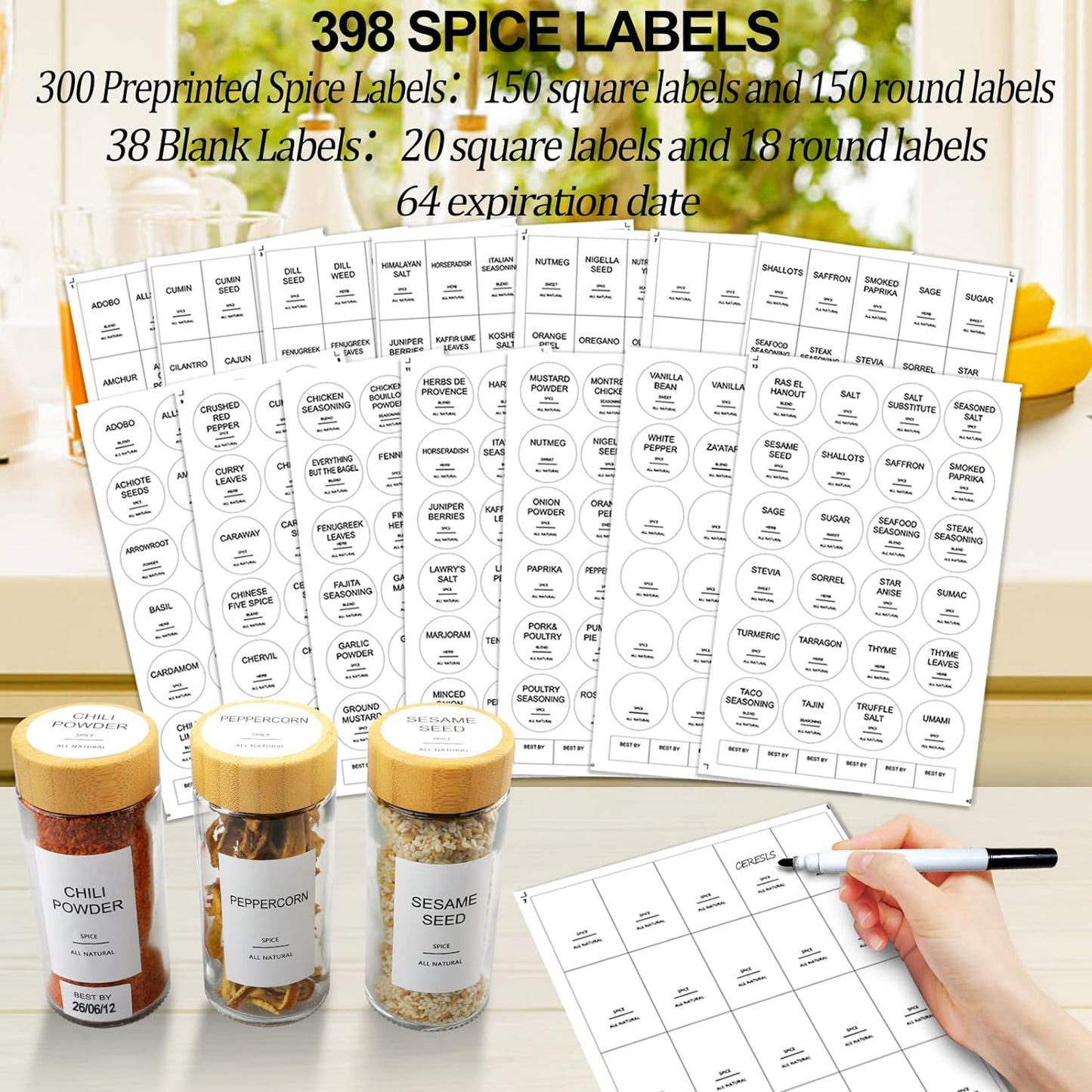 AISIPRIN Glass Spice Jars with 398 Labels-4oz 24 Pcs,Round Seasoning Jars with Bamboo Airtight Lids,Spice Container Set -Shaker Lids, Funnel,Brush and Marker Included