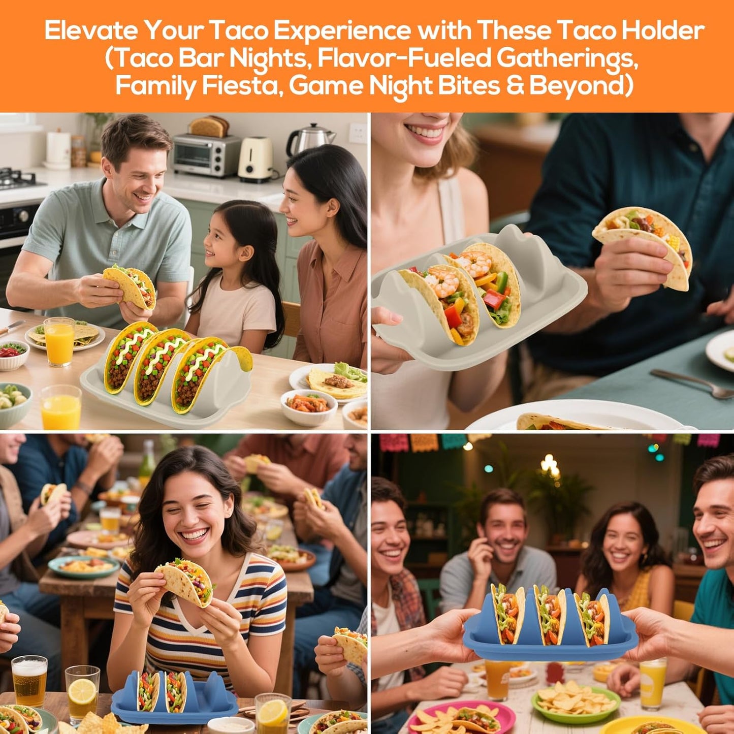 Silicone Taco Holders Set of 2 - Reusable Taco Stand with Dividers for Hard/Soft Shells, Microwave & Dishwasher Safe, Non-Slip Taco Serving Plates for Taco Tuesday, Party, Fiesta（white + navy）