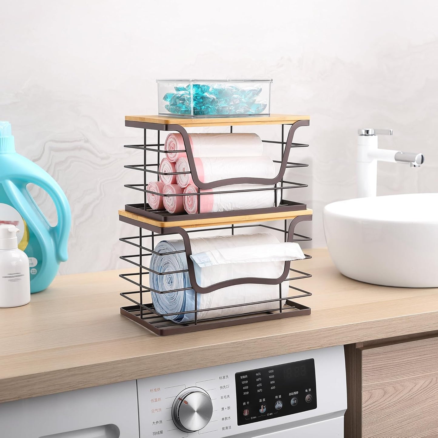 Trash Bag Dispenser Holder for Kitchen 2 Pack Brown Finish Garbage Bag Organizer Wall Mount Stackable Bin with Bamboo Lid for Countertop, Under Sink, Laundry Room