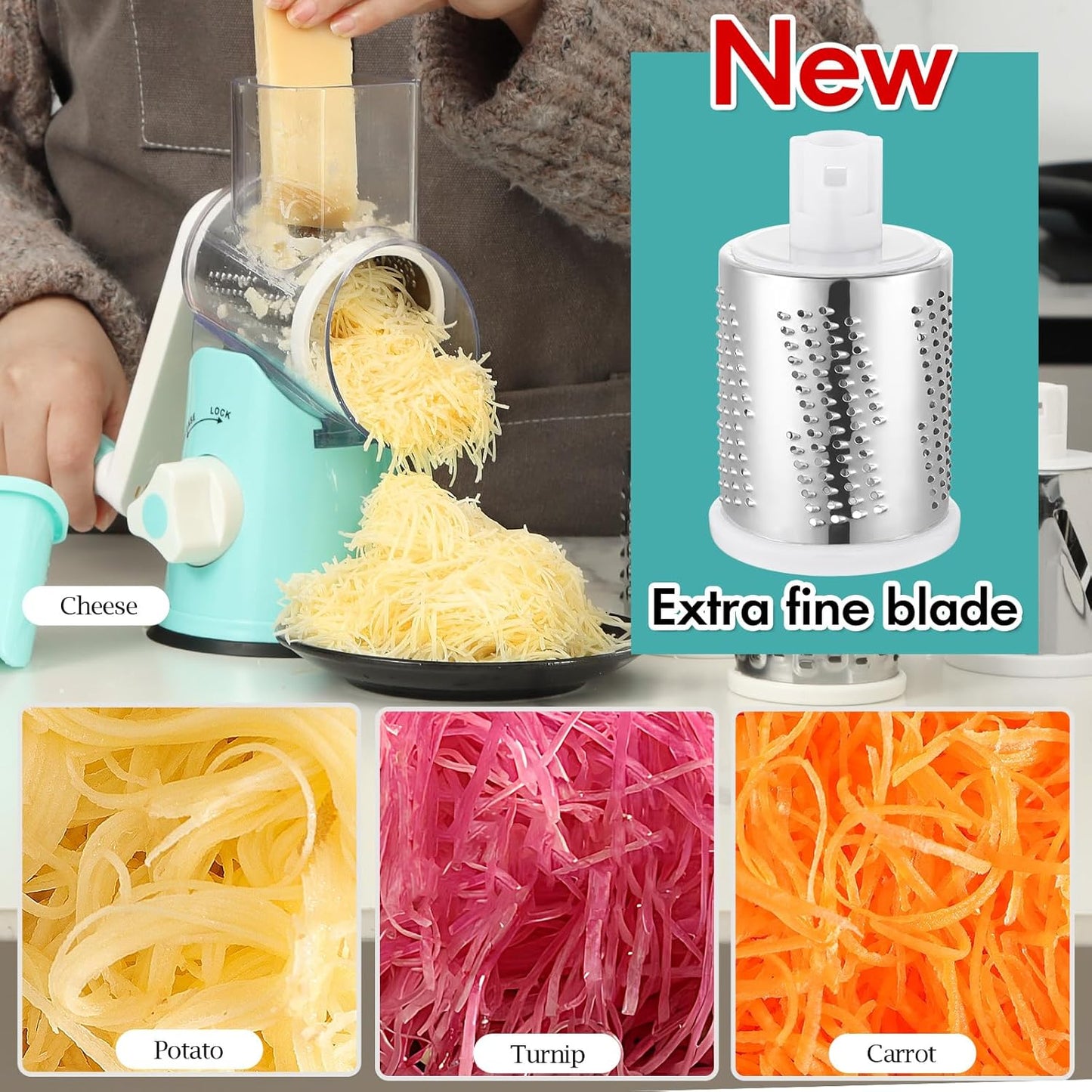 Ourokhome Rotary Cheese Grater Hand Crank, Kitchen Shredder Speed Mandolin Slicer Ice Shaver with Handle and Drum Blades for Cheese, Vegetable, Nuts, Chocolate, Potato, Carrot, 5 Blades, Blue
