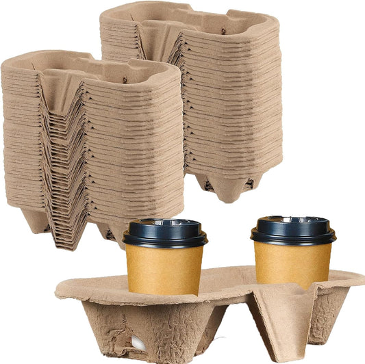 HAKZEON 100 Pack Fiber 2 Cup Holders, To Go Coffee Cup Holder, 2 Cups Pulp Fiber Drink Carrier, Drink Carrier Trays for Coffee Shops, Grocery Stores, Takeaway Restaurants, Drink Shops