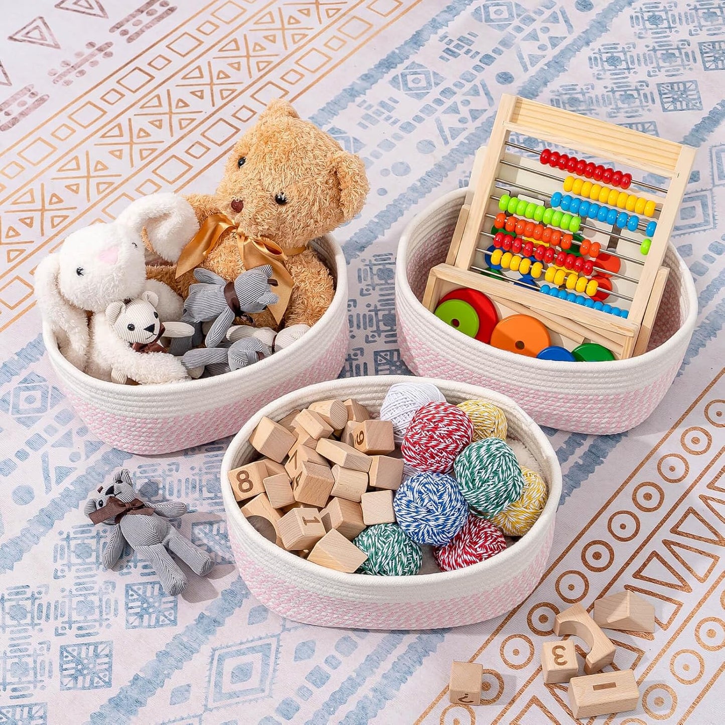 CubesLand Rectangle Organization/Storage Basket, Natural Cotton Rope Woven Baskets for Organizing, Small Basket for Kids, Baby Nursery, Cat Dog Toy Baskets, Organizer Bins for Shelves 3 Packs