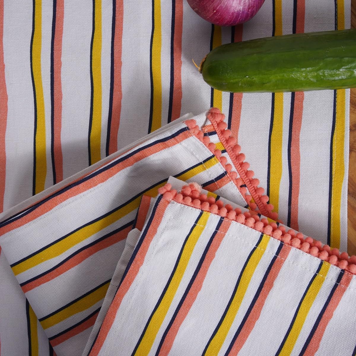 Printed Kitchen Dish Bar and Tea Towels Cotton, 18x28 inch with Trims, Cotton Dish Towel Sets (Yellow Stripes, Set of 6)