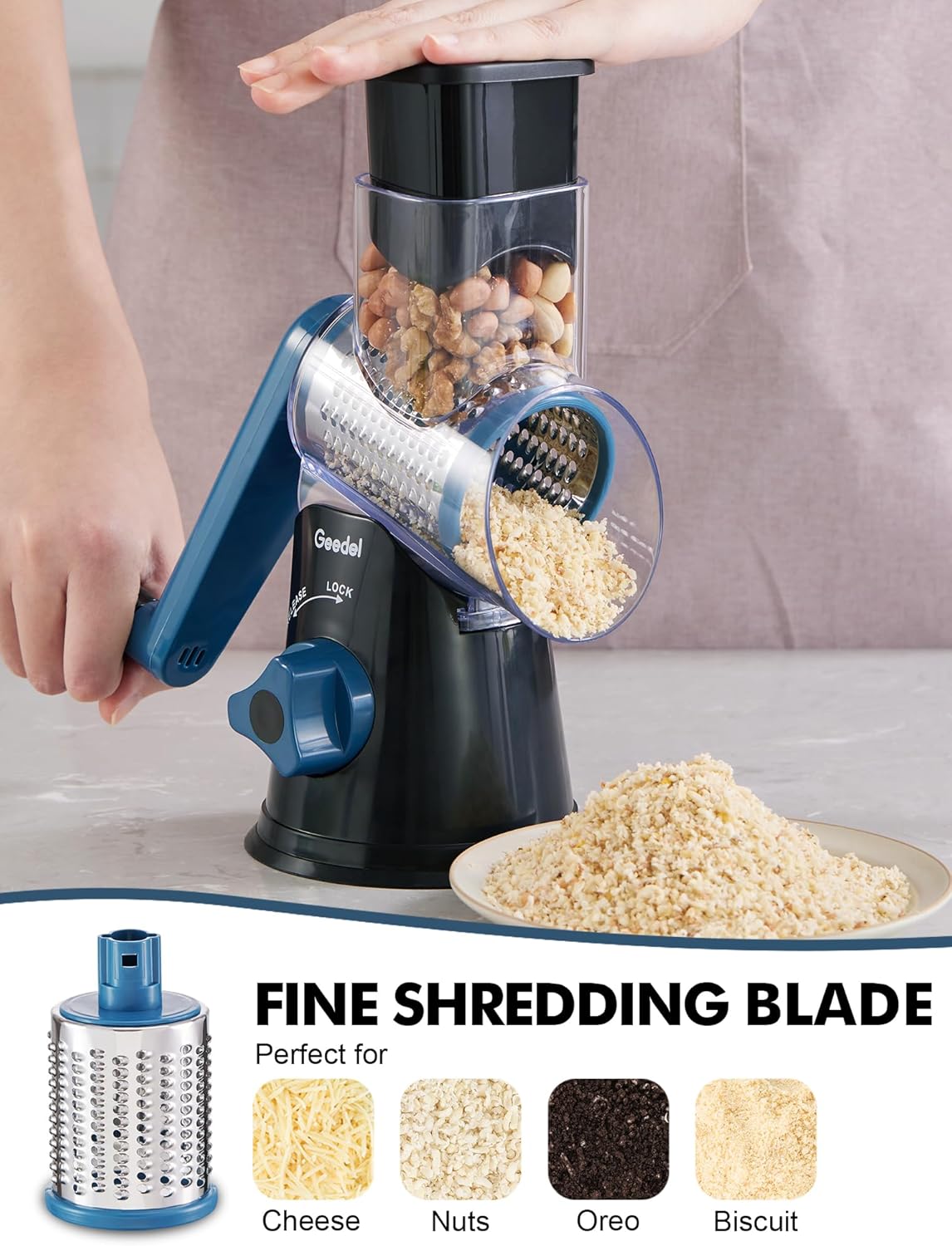 Geedel Rotary Cheese Grater, Kitchen Mandoline Vegetable Slicer with 3 Interchangeable Blades, Easy to Clean Rotary Grater Slicer for Fruit, Vegetables, Nuts