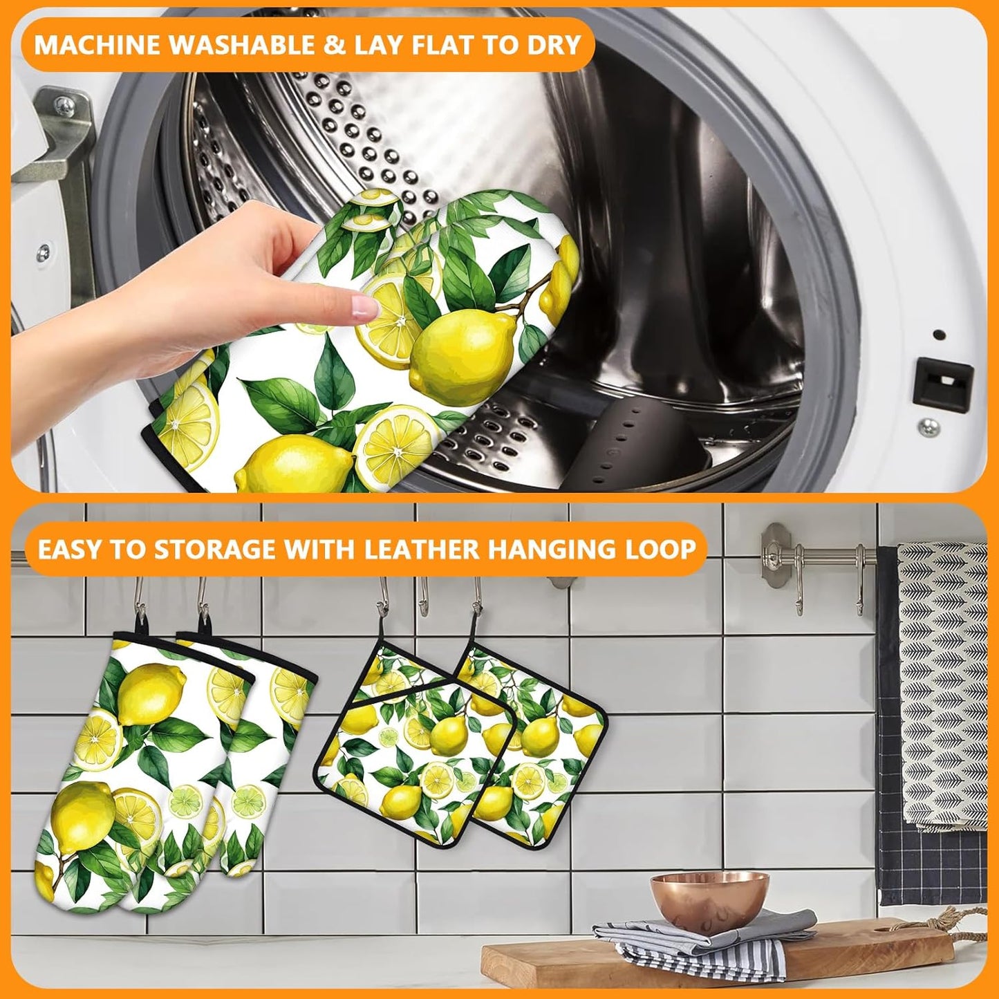 Lemon Oven Mitts and Pot Holders Sets 4Pcs,Extra Long Oven Gloves Potholder for Kitchen Cooking Baking BBQ 100% Cotton Heat Resistant