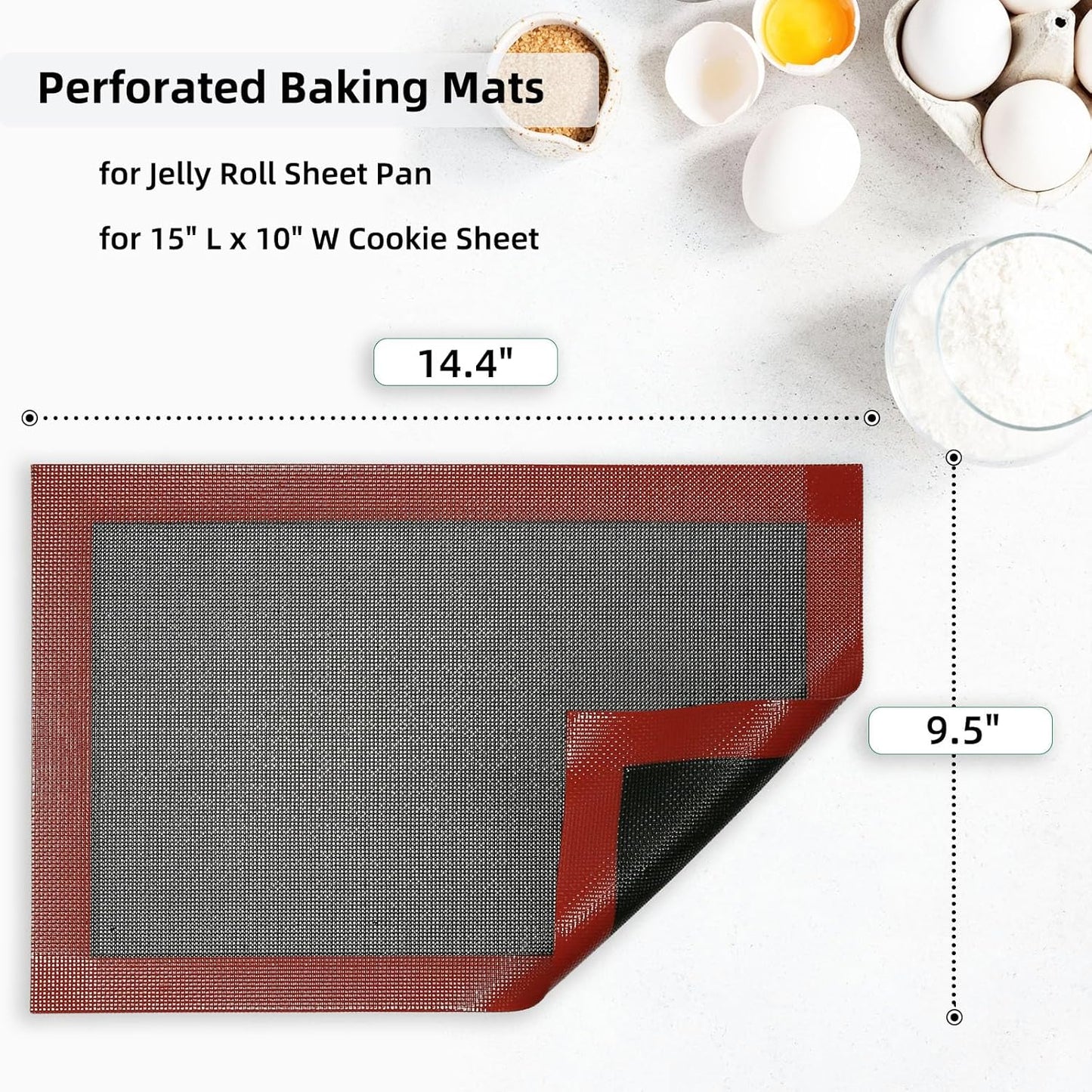 Perforated Silicone Baking Mat for Jelly Roll Pan, Non-Stick Eclair Baking Mat for 10 x 15-inch Tray Pan, 2 Pcs Mesh Cookie Sheet Liner for Homemade Bread, Sugar Cookie and Pastry